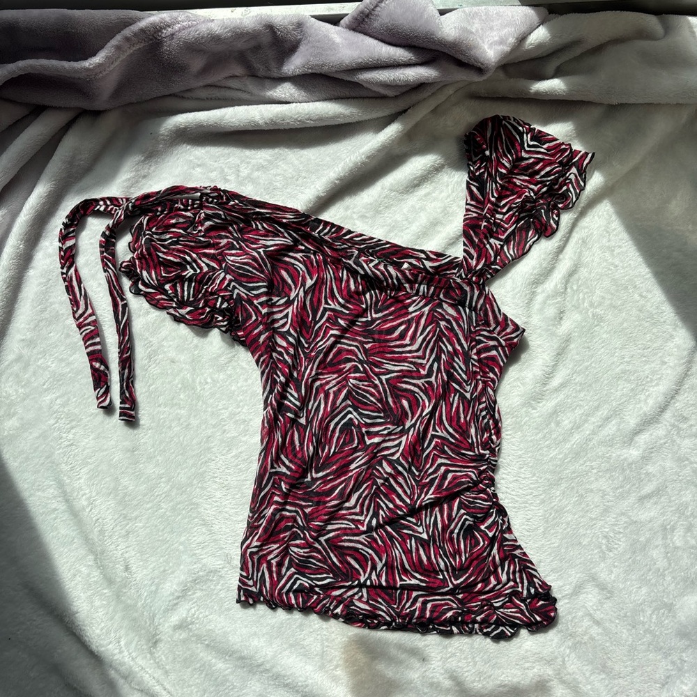 Diane Von Furstenberg Pink Grey Black Zebra Print Frilly Silk Ruched Blouse